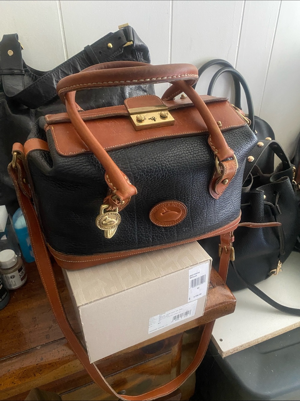 Classic Black Leather Satchel with Brown Trim